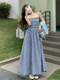 Ebbgo  Summer  New French Style Plaid Strapless Dress For Women Casual Elegant Party Dress Korean Vintage Street Fairy Vestidos