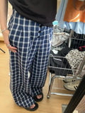 Ebbgo  -  Blue Plaid Casual Straight Pants Summer Cotton High Waist Buttons Pockets Baggy Trousers Women Streetwear Vintage Wide Leg Pants