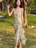 Ebbgo  -  Summer Sweet Floral Midi Dress Women Beach Printed Casual Even Party Dress Office Lady Elegant Ruffles Dress Korean Fashion