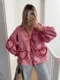 Ebbgo  -  Lace Up Shirts Women Elegant Pink Loose Cute Love Top Female Spring Summer V-neck Long Sleeve Chic Soft Cotton Shirt Lady