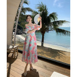 Ebbgo  2024 Women's Wear Dress Gentle High Waist Rose Temperament Contrasting Colors Fashion Printing Sling Long Dress Summer Skirts