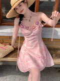 Ebbgo  -  Summer French Vintage Spaghetti Strap Mini Dress Women Flower Frocks Party Evening Sexy One-Piece Y2k