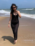 Ebbgo  Black Mesh See-through Dress For Women Summer Sleeveless V Neck Cover-up Bodycon Vestidos Female Elegant Holiday Beachwear