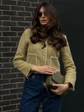 Ebbgo  -  Elegant Tweed Coat Women Single Breasted Stand Collar Chic Office Lady Jackets Spring Pocket Outwear Fashion Female Jacket