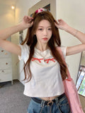 Ebbgo  Bow Embroidery Slim Short Sleeve T-Shirt Women's Summer Korean Style Y2k Crew Neck Short Top 90s Girls Streetwear