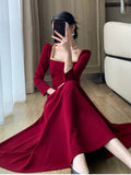 Ebbgo  -  Women Casual Folds Midi Dress French Elegant Long Sleeve A Line Party Dresses Spring Autumn Vintage Solid Clothes Female