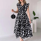 Ebbgo  -  Vintage Fashion Geometric Print Summer Dress Women V Neck High Waist Belted Long Dress Spring Butterfly Sleeve A-Line Maxi Dress