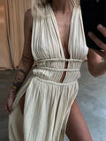 Ebbgo  -  Sexy Sleeveless Beach Long Dresses Women Summer Braided Belt Split Pleated Maxi Dress Casual Holiday Cut Out Lady Vestidos