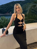 Ebbgo  -  Hollow Out Halter Midi Dress Women Off Shoulder Sleeveless Backless Split Party Prom Dresses Summer Lady Slim Black Vestido