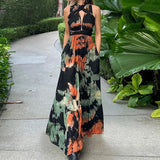 Ebbgo  -  Sexy V-neck Backless Crossover Tie-up Long Dress Women Fashion Tie-Dye Printed Party Dress Casual Sleeveless Waist Maxi Dresses