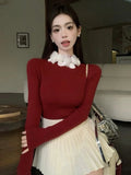 Ebbgo  -  Flower Collar Pullover Women Sweet Cute Chic Soft Thick Knit Top Female Spring New Solid Slim Long Sleeves Knitwears Lady