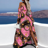 Ebbgo  -  Summer Fashion Boho Print Maxi Beach Dress Women Off Shoulder Long Sleeve Dress Sexy Skinny Slash Neck Party Dress Vestidos