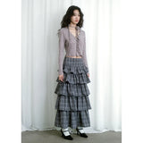 Ebbgo  Blue Long Skirt Womens Plaid Skirt 2024 Goth Lolita Spring Summer High Waist High Low Layer Ruched Ruffle Ball Gown Skirts Rok