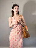 Ebbgo  -  Retro Floral Suspender for Women's Dress Summer Sleeveless Slim Fit Dress New Fashion Casual Long Skirt