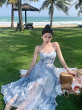 Ebbgo  - Tea Break French Blue Strap Dress Female Summer New Beach Holiday Sunset Fairy