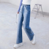 Ebbgo  Retro style distressed casual jeans for women  autumn new Korean high waisted loose fitting and slimming straight leg pants