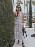 Ebbgo  -  Elegant Stripes Knitted Midi Dress For Women Fashion V-neck Sleeveless Single Breasted Dresses Office Lady Commuting Robes﻿