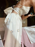 Ebbgo  Korean style Women Summer Sleeveless Cotton Hemp Halter Neck Dress Daisy Embroidery Backless Lace Up Midi Holiday Dress