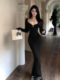 Ebbgo  -  Women Sexy Bodycon Party Club Long Dress Spring Autumn Fashion Solid One Piece Robe Streetwear Female Elegant Pencil Dresses