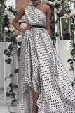 Elegant Polka Dot Flounce Asymmetrical Halter Printed Dress Dresses