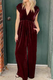 Elegant Simplicity Solid Pocket V Neck Loose Jumpsuits